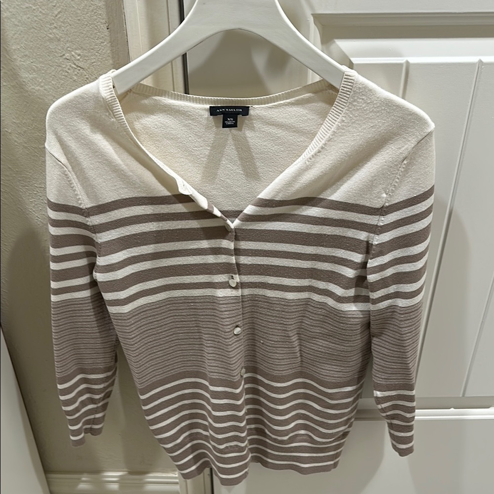 Ann Taylor Striped Cardigan - Cream and Taupe